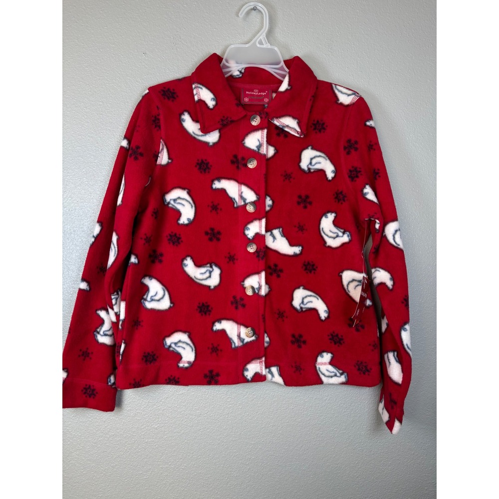 Holiday Lodge‎ By Northcrest Red Polar Bear Fleece Button Front Shirt S NWT VTG
